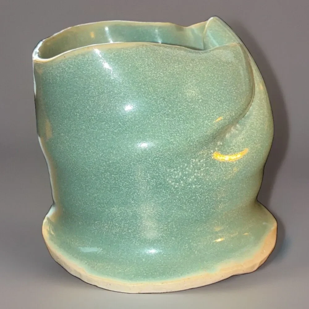 Unique Handmade Blue Glossy Pottery Pen Holder/Cup, 3” x 3”